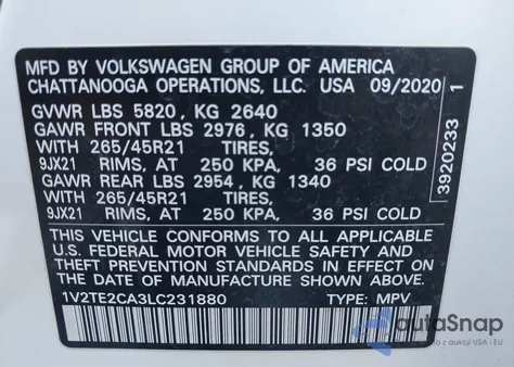 2020 Volkswagen Atlas Cross Sport 3.6L V6 Sel Premium R-Line from USA, damaged, VIN 1V2TE2CA3LC231880